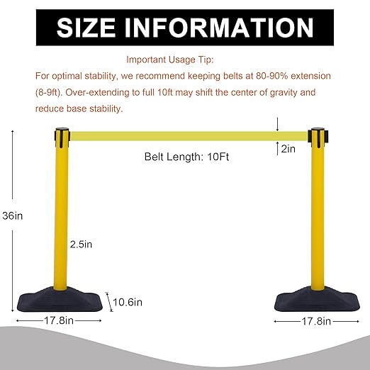 OangeStar 4-Pack Commercial Crowd Control Stanchions with 10ft Retractable Belt, Heavy Duty Queue Barriers for Events, Black Rubber Base Post for High Traffic Areas, Banks & Retail Stores, Yellow