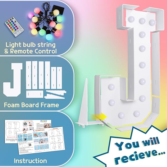 imprsv 4FT Colorful Marquee Letters J, 18 Colors Large Light up Letters Alphabet Sign with Remote, Large Marry Me Sign, Birthday Party Decorations Anniversary Wedding Decoration