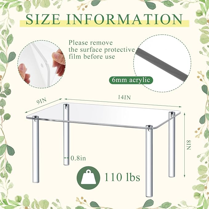 Extra Large 6mm Thick Acrylic Rectangular 4-leg Display Risers, Acrylic Stand, Clear Shelf Riser Display Stands for Decor Collectibles Figures(1 Pcs,14×9×8in)