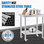 Stainless Steel Table for Prep & Work with 4 Caster Wheels with Adjustable Undershelf 24 x 30 NSF Metal Commercial Kitchen Worktable for Restaurant Home Outdoor