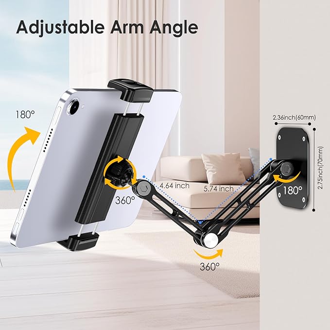 Tablet Wall Mount Holder, Aluminium Extendable iPad Wall Holder, with 360°Rotating Base Adjustable and Foldable for iPad Pro Air Mini, Galaxy Tab, All 4.7-13" Phones and Tablets