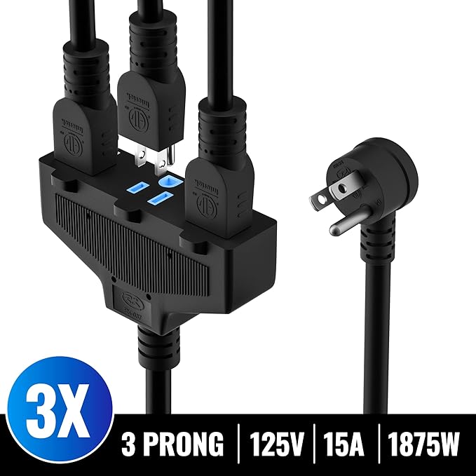 Outdoor Extension Cord 50 Ft with 3 Outlets, 12/3 SJTW 3 Prong Grounded Power Cord, 12 Gauge 12AWG Heavy Duty Power Cable, ETL Listed, 15 Amp 125 V 1875 W-Multiple Outlets for Indoor/Outdoor-Black