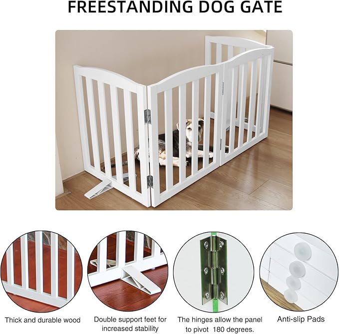 Freestanding Dog Gate Indoor,Doggie Gate Foldable Dog Gates for Doorways,Stairs or Hallways, Wooden White Pet Gate for The House, Pet Fence with Support Feet Included,24 "Height-4 Panels