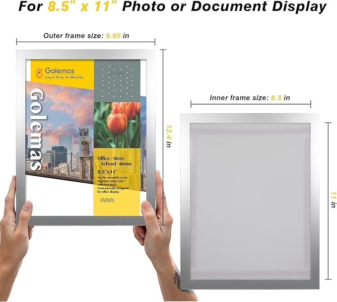 Acrylic Magnetic Sign Holder, Easy-Opening 8.5 x 11 Wall Mount Display Frames, Self Adhesive Back Plastic Clear Document Frame, Horizontal & Vertical Display (Silver, 12Pack)