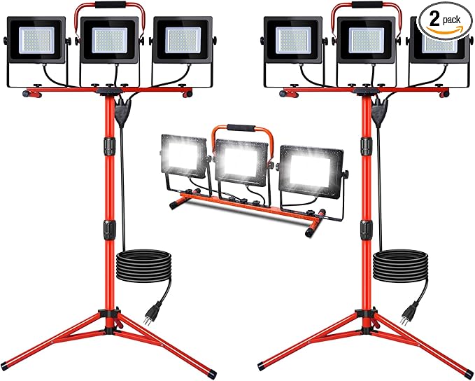 LEDMO 30000LM LED Work Lights with Stand 3 Adjustable Head Led Work Shop Flood Lights Indoor and Outdoor 150W 6000K Portable Tripod IP65 Waterproof 10Ft Power Cord for Job Stie,Yard,Garage 2 Pack