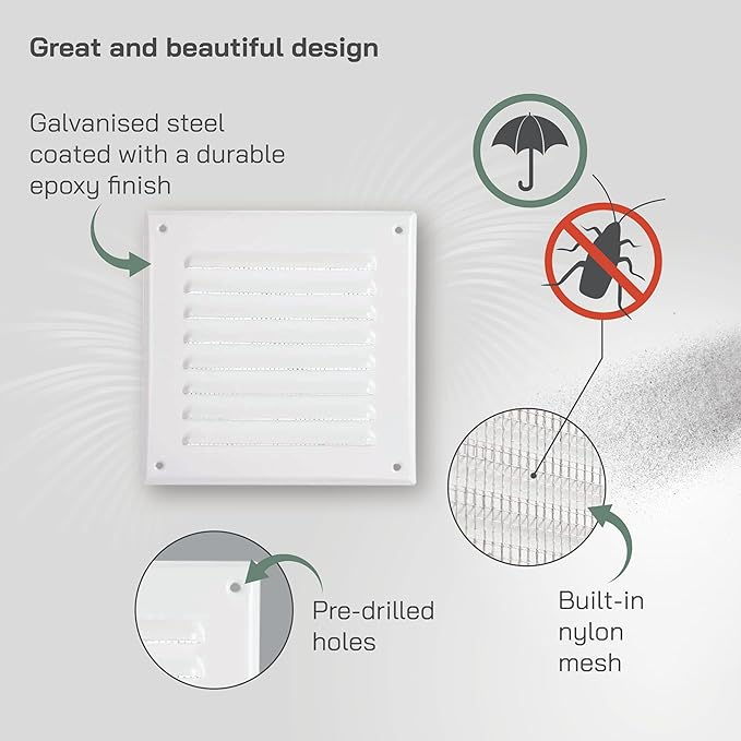 Vent Systems - 5 x 5 Inch (Inner) Pack of 5 White Metal Square Soffit Air Vent Grille Cover, Register Vent Deflector Louver Built-in Mesh HVAC for Bathroom Home Office Kitchen 6.5" x 6.5" (Outer)