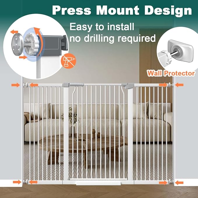 Fairy Baby 40.5" Extra Tall Baby Gates for Doorways, 54.8"-60.2" Extra Wide Dog Pet Gate for House, Metal Pressure Mounted Walk Through Baby Gate, No Drill Safety First Child Gate for Doorways, White