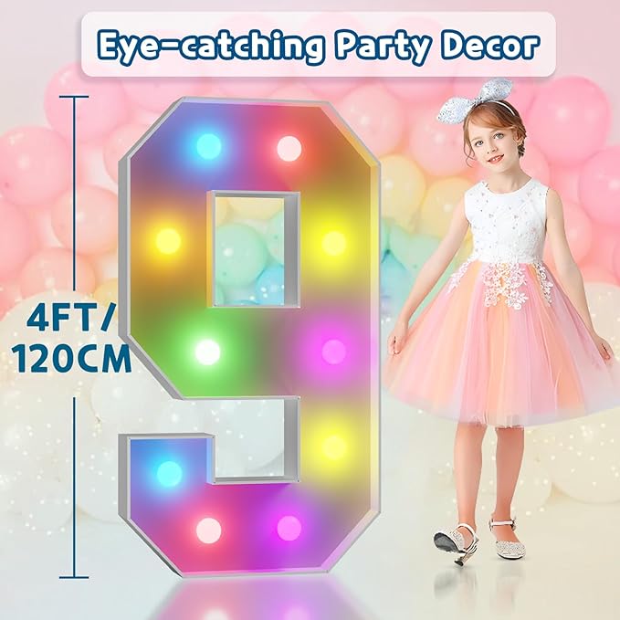 imprsv 4FT Colorful Marquee Numbers,18 Colors with Remote, Light Up Numbers 9 for 9th 90th Birthday Decorations Anniversary Party Decor, Pre-Cut Foam Board Kit, Mosaic Sign for Balloon