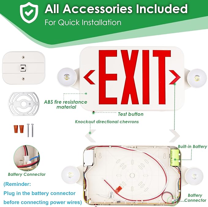 Gruenlich LED Exit Sign Combo with Emergency Lights, Adjustable Heads and Double Sided, Battery Backup, UL 924 Qualified, AC 120-277V, Commercial Emergency Exit Light for Business- 4 Pack