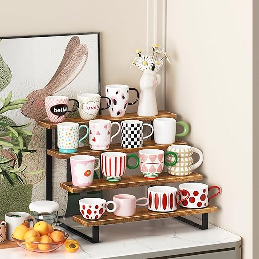 ELITEROO Wood Tiered Display Stand, 4 Tier Display Stands for Vendor Events, Retail Craft Show Display Risers, Table Top Market Display Shelf for Perfume Candles Tumbler Figures Makeup, Straight