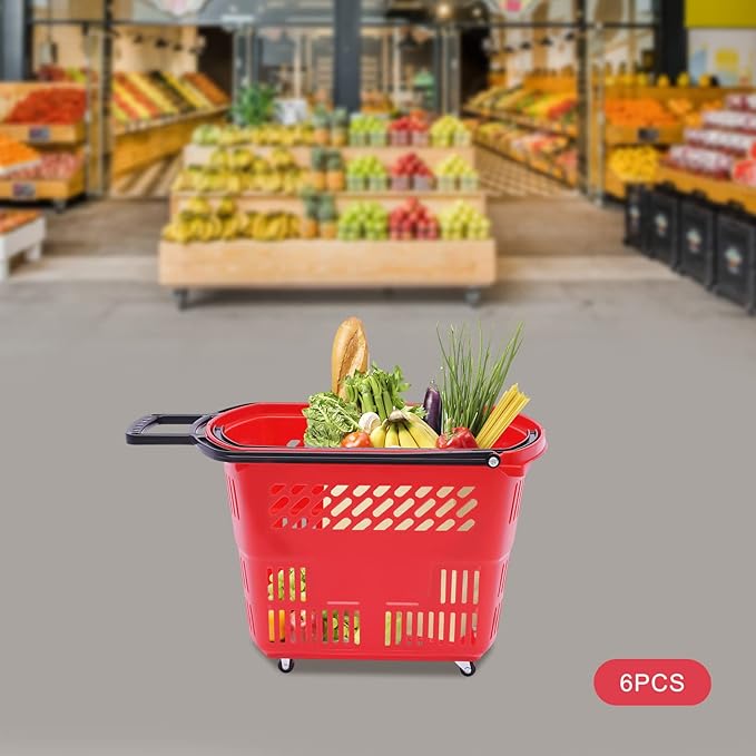 6PCS 35L Rolling Shopping Baskets with Wheels Portable Grocery Basket Set with Handles Plastic Shopping Cart for Supermarkets, Retail Stores, Bookstores (Red)
