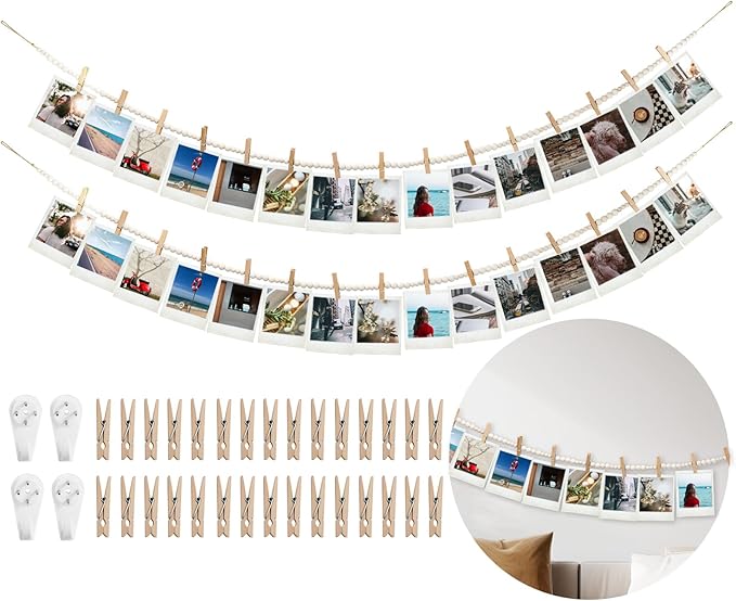 Hanging Photo Display Wall Decor with 30 Wood Clips, YuanDe 67 Inches Boho Wooden Bead Garland Collage Picture Frame Photos String DIY, Photo Hanger for Bedroom Office Dorm Room Decor Gifts(2PCS)