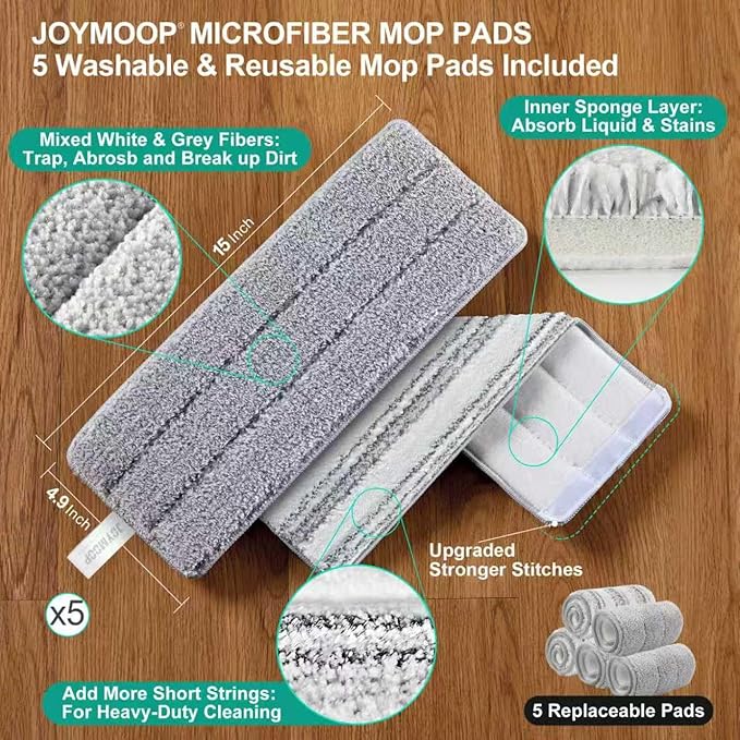 JOYMOOP 8L Large Capacity Flat Mop System (Light Green) with Extension Handle, Ideal for Floor, Window, and Wall Cleaning - Includes 5 Washable Microfiber Pads for Wet and Dry Use