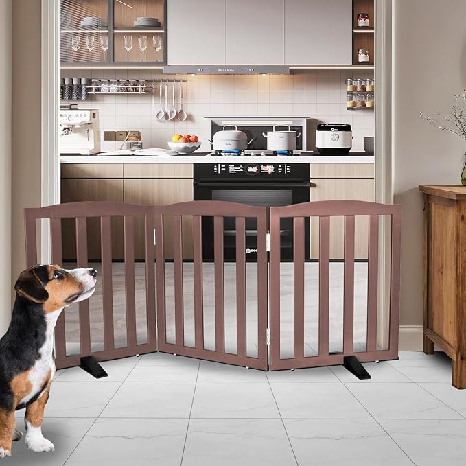 Freestanding Dog Gate Indoor,Doggie Gate Foldable Pet Gates for Doorways,Stairs or Hallways, Wooden Brown Pet Gate for The House, Pet Fence with Support Feet Included,24 "Height-3 Panels