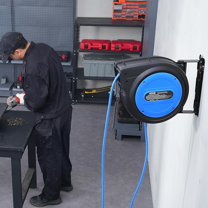 VEVOR 65FT Retractable Extension Cord Reel, 12AWG/3C SJTOW Heavy Duty Power Cord w/Lighted Electrical Triple Tap Outlets, 15A Circuit Breaker,180° Swivel Bracket for Workshop or Garage, Blue
