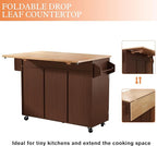 HLR Kitchen Island On Wheels, Brown Rolling Kitchen Island Cart with Solid Wood Drop Leaf Breakfast Bar, Barn Door Kitchen Islands with Storage Cabinet and Tower Rack, Island Table for Kitchen