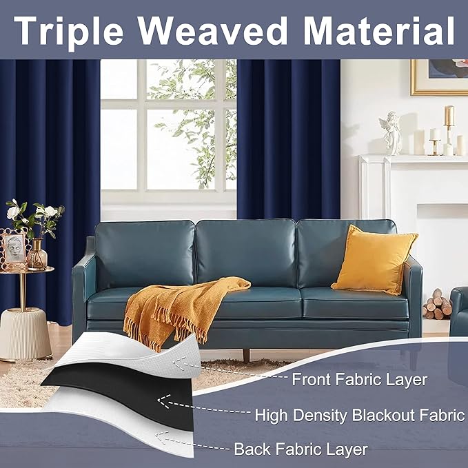 JIUZHEN Blackout Curtains for Bedroom– Thermal Insulated,Noise Reducing Room Darkening Privacy Rod Pocket Drapes for Living Room, Set of 2 Panels with Tiebacks, 42 x 54 inch Long, Navy Blue