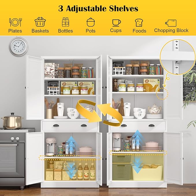 71” Food Pantry Storage Cabinet with Drawer,White Metal Kitchen Pantry Cabinet with Doors and Adjustable Shelves,Tall Storage Cabinets for Pantry,Kitchen,Livingroom