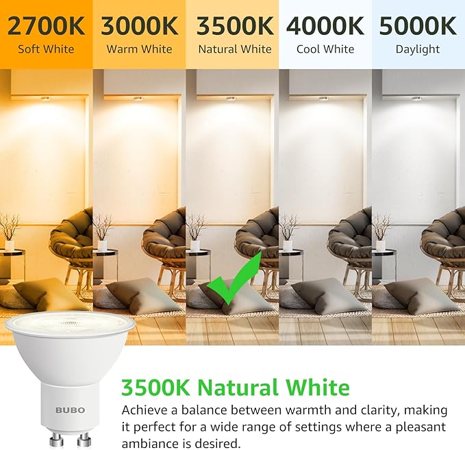 BUBO GU10 LED Bulb 6W Equivalent 50W, 3500K Natural White 650 Lumens, Non-Dimmable GU10 Bulb Replacement for Track Lighting, MR16 LED Bulb for Kitchen, Range Hood, Living Room, Bedroom, 6 Pack