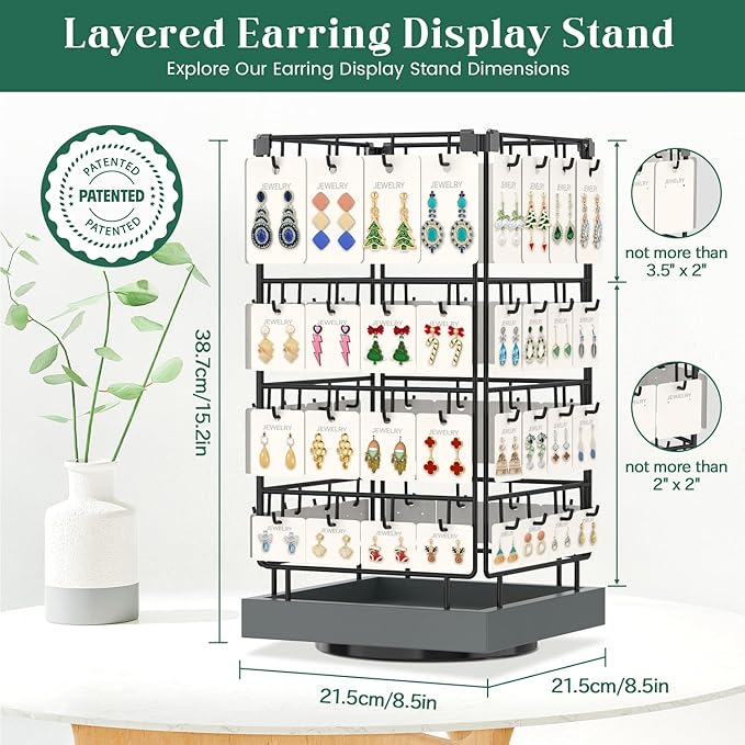 EsLuker.ly Rotating Earring Display Holder Stand for Vendors Events Selling, Large Capacity 64 Hooks Jewelry Rack with Wooden Base for Earring Card Sales, Enhances Retail Visibility(Dark Grey)