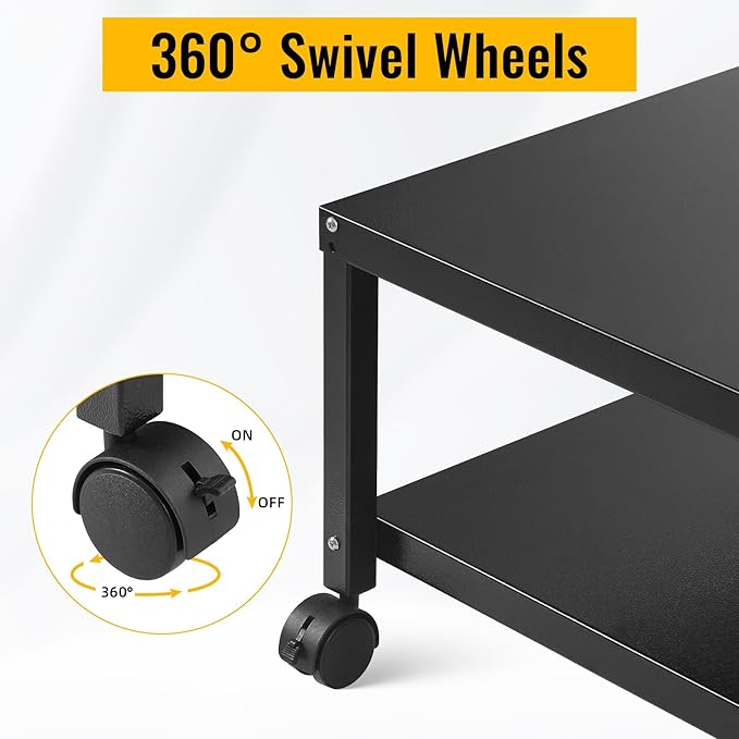 Under Desk Printer Stand with Wheels, 2-Tier Heavy Duty Rolling Cart with Storage Shelf, Industrial Printer Table for Printer, Scanner, Home, Office, Black