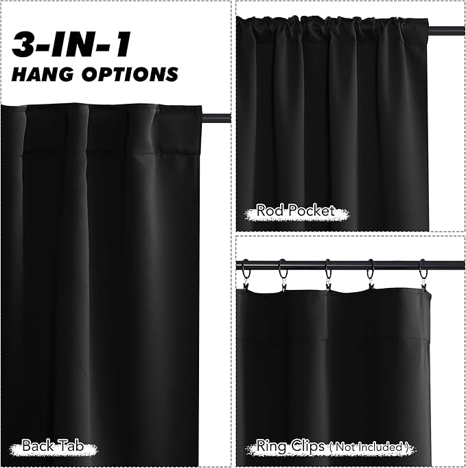 KGORGE Short Blackout Curtains 36 inch Length for Kitchen, Energy Saving Black Out Privacy Shades Drapes Half Windows Curtains for Bathroom Basement, W34 x L36 inches, Black, 2 Panels