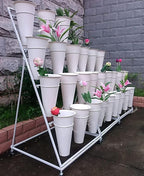 Flower Display Stand, 3 Layers Heavy Duty Moving Plant Cart Shelf With Wheels and Bucket, Wrought Iron Florist Shelf, for Patio Garden, Florist, Outdoor Flower Pop-Up Events (White Iron Frame)