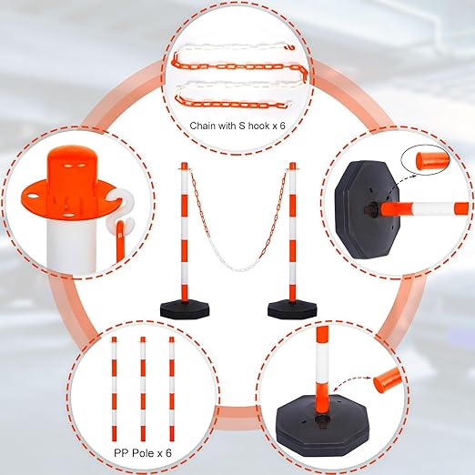 Amylove 9 Packs Traffic Delineator Post Cone with Base, Traffic Cones Safety Cones Caution Cones Plastic Stanchion Chain Safety Barriers with 6.6 Feet Link Chain and S Hooks for Parking Lot (Orange)