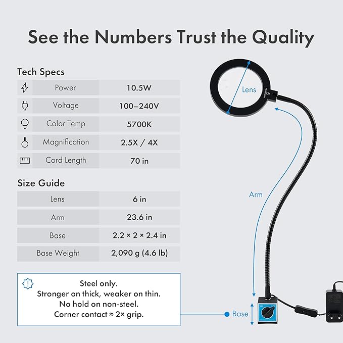 Magnetic LED Work Light with Magnifying Glass 23.5in Flexible Gooseneck for Sewing and Drill Press, 3400Lux 10.5W 110V