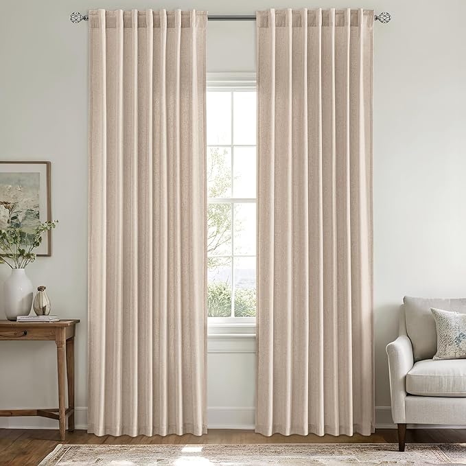 MIULEE Non-See-Through Privacy Linen Curtains 2 Panels, Light Filtering Window Curtains Farnhouse Textured Back Tab Semi Sheer Drapes for Bedroom Living Room, 52 x 72 Inches Long, Beige