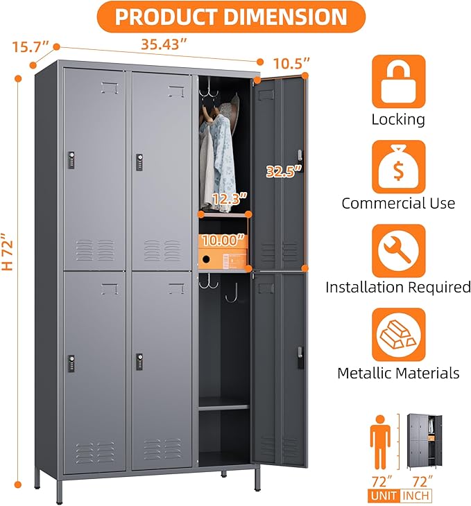 Aobabo Combination Lock Metal Storage Locker for Employees, 6 Doors Lockable Storage Locker with 18 Hooks for Office Gym School, Dark Grey, Assembly Required