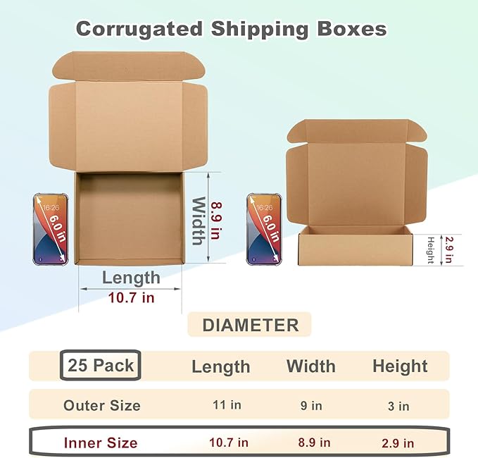 MEBRUDY 11x9x3 Inches Shipping Boxes Pack of 25, Small Corrugated Cardboard Box for Mailing Mailer Packing, Brown