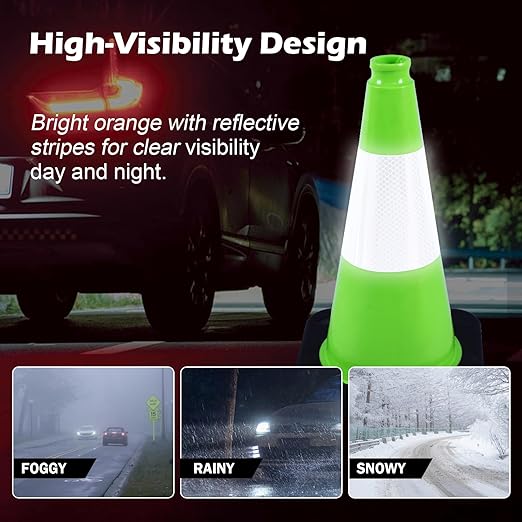 4 Pack 18 Inch Green PVC Traffic Cones Black Base Stable Durable, Parking Lot Driveway School Training Safety Cones Multi-Purpose (4, Green, 18 Inch)
