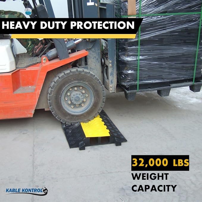 Kable Kontrol Atlas Heavy Duty Cable Protector Ramp - 2 Channel Bulk Wholesale Pallet - 20 Pcs - 35” Long Black & Yellow – 32000 Lbs Capacity - Rubber Speed Bump Wire Protector Cord Cover – CP9985