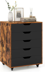 LOKO 5-Drawer Storage Cabinet, Versatile Drawer of Chest with Lockable Wheels, Mobile Office Lateral File Cabinet, for Home Office, Study (Rustic Brown + Black, 16" D x 19.5" W x 25.5" H)
