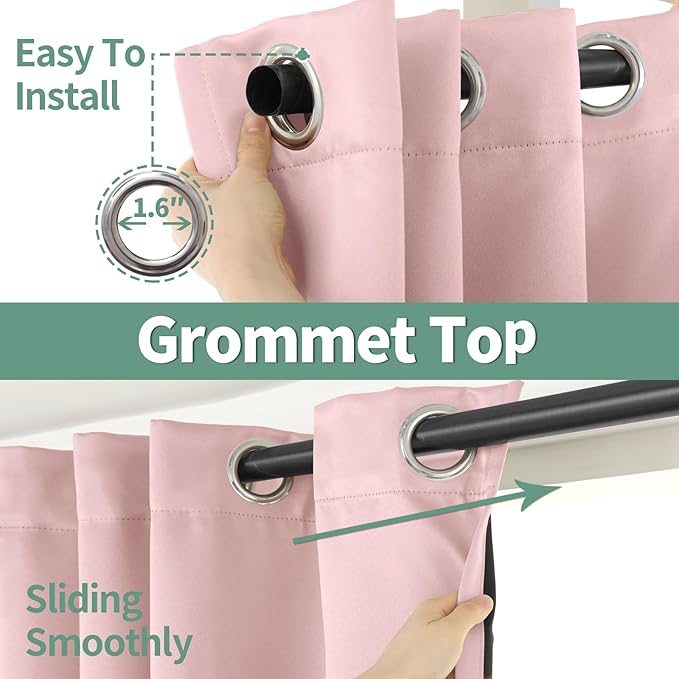Pink Blackout Curtains for Girls Bedroom 54 Inch Length 2 Panels Set for Nursery, Thermal Insulated 100% Light Blocking Soundproof Grommet Window Curtains for Baby Room, Each 52 Inch Wide
