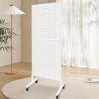 Royxen Metal Pegboard 2 x 5 Feet with 30 Hooks, Peg Board Display Stand with Wheels, Standing Pegboard Display, White