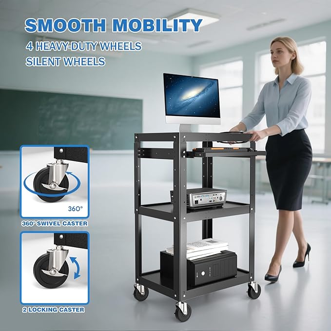 Steel AV Cart on Wheels - Rolling Projector Cart with Height Adjustable Shelf, Pullout Keyboard Tray, Power Strip, Cord Management - Mobile Media Carts Computer Workstation for Office Classroom