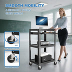Steel AV Cart on Wheels - Rolling Projector Cart with Height Adjustable Shelf, Pullout Keyboard Tray, Power Strip, Cord Management - Mobile Media Carts Computer Workstation for Office Classroom