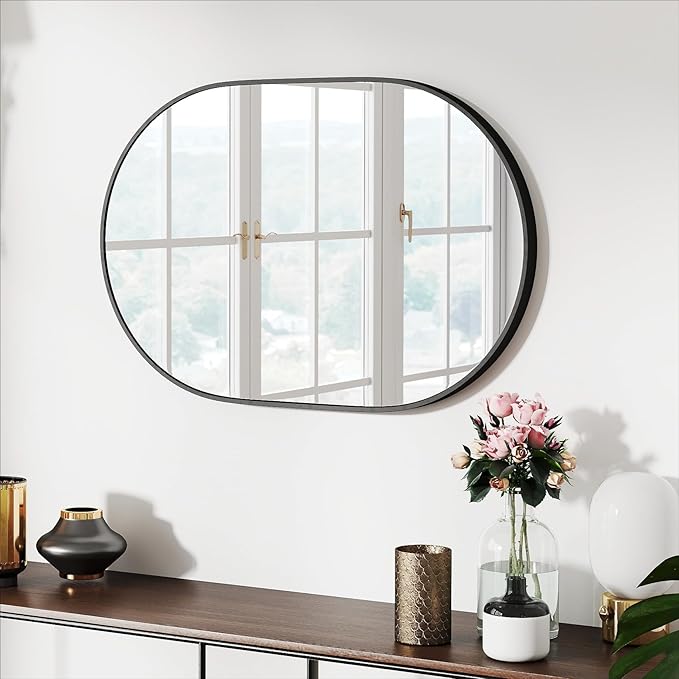 30x20 Mirror Runway Oval Wall Mounted Aluminum Alloy Metal Frame Rectangle Mirrors for Entryway Bedroom Bathroom Living Room 30 20 inch Black