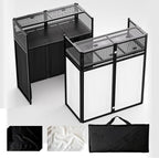 Portable DJ Booth Table,Foldable DJ Table Stand with White & Black Scrim,Adjustable DJ Facade Booth Station Metal Frame with Cable Hole for Private Events, Clubs, Bars (40x20 Double Deck)