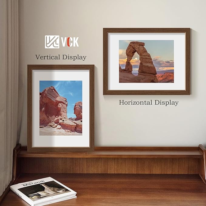 VCK 12x16 Picture Frame 2 Pack - Brown, High-End Wood Poster Frames with Tempered Glass, Display 8.5x11 Photo with Mat or 12x16 without Mat, Art Gallery-Quality, Wall Hanging, Brown