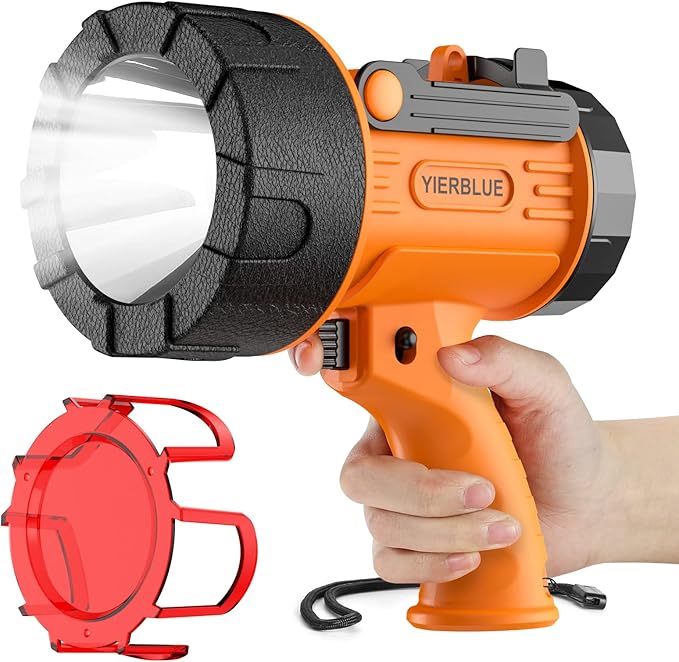 YIERBLUE Rechargeable Spotligh with 1000,000 Lumen LED, Handheld Rechargeable Spotlight IP67 Waterproof Flashlight, 9h Ultra-Long Standby, Ideal Spotlight for Boating, Camping