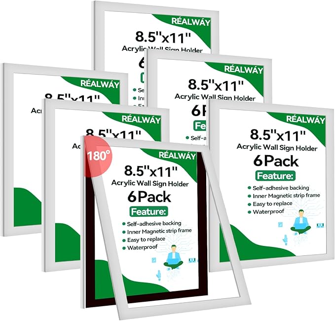 8.5" x 11" Acrylic Sign Holder Wall Mount, Self Adhesive Wall Sign Holder,Clear Plexiglass Sign Holder Window/Door Sign Holder,No Drilling,Silver 6 pack