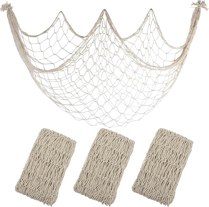 3 Pack Fish Net Decorations - 80x40 Inch Beige Fishing Net Decor for Priate Under The Sea Hawaiian Beach Themed Party, 3mm Thick Natural Cotton Nautical Netting for Party Wall Table Ceiling Decor