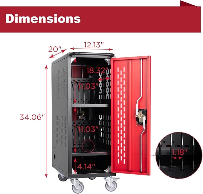 16 Bay Mobile School Charging Cart Station, Black Cart for Chromebook/Tablet/Laptop, with Power Strip, Lockable Doors, 2 Locking Casters & Ventilated Panels, 20" W×12.23" D×34.06" H