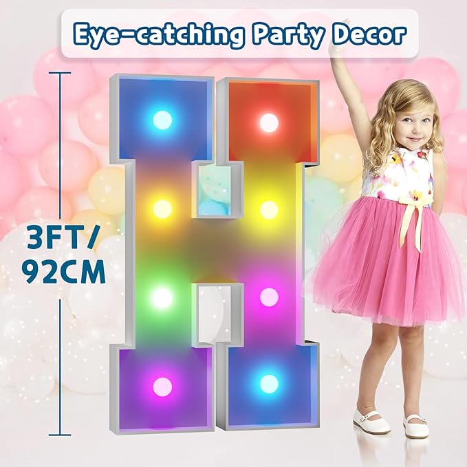 imprsv 3FT Colorful Marquee Letters H, 18 Colors Large Light up Letters Alphabet Sign with Remote, Big Marry Me Sign, Birthday Party Decorations Anniversary Wedding Decoration
