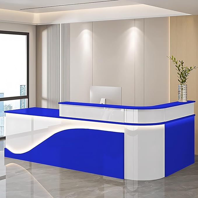 Modern Reception Desk – Front Desk, Reception Counter for Office, Checkout Counter, LED Lighting, Storage, Soft Close Drawers, Custom Logo, Fully Assembled (R,56IN)