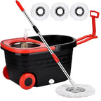 Mop and Bucket with Wringer Set, 360° Rotating Floor Mop Bucket on Wheels for Floor Cleaning, 3 Microfiber Mop Replacement Head Refills, 61"" Stainless Steel Extended Handle, Red&Black