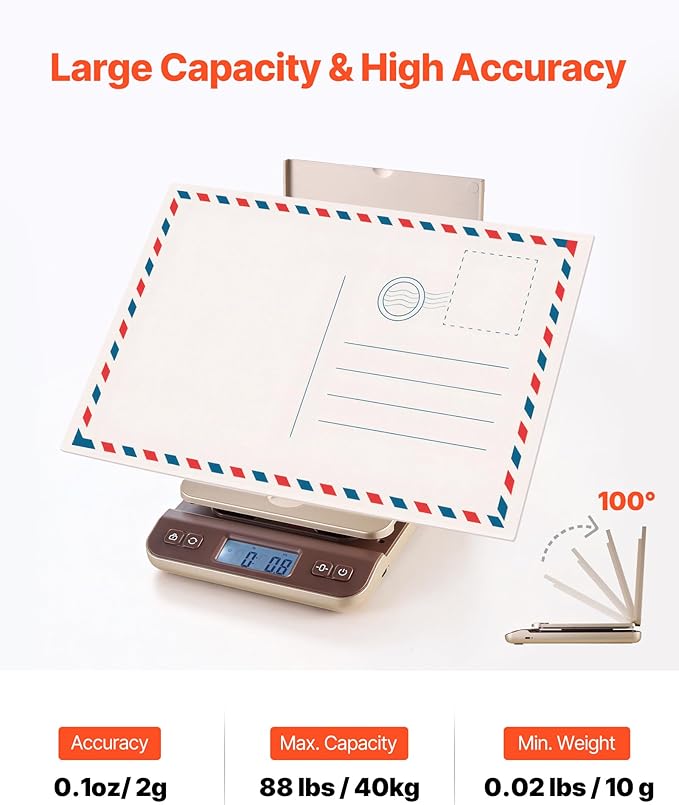 VEVOR Digital Shipping Postal Scale, 0.1 oz High Accuracy, 88 lbs Postal Scale with Hold/Tare/Auto-Off Function, Flip Holder Design & Easy Calibration, Fit for Home and Office Use, Battery Included